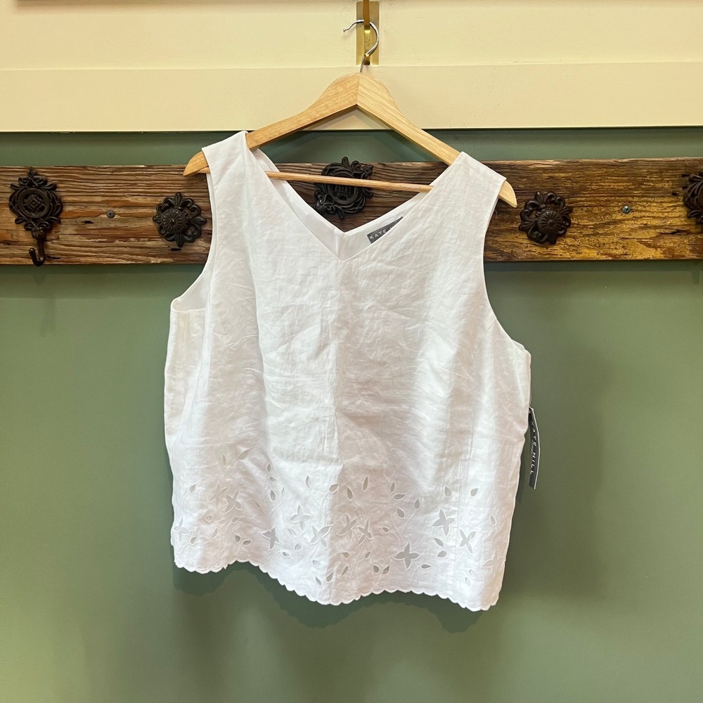 Kate Hill Woman White‎ 100% Linen Eyelet Scalloped V-Neck Sleeveless Top 22W NWT
